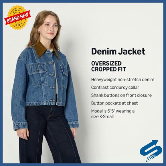 Oversized Cropped Denim Jacket Heavyweight Rigid Fit Women's - Picture 3 of 8